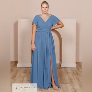 Revelry Harper Chiffon Faux Wrap Dress Dusty Blue